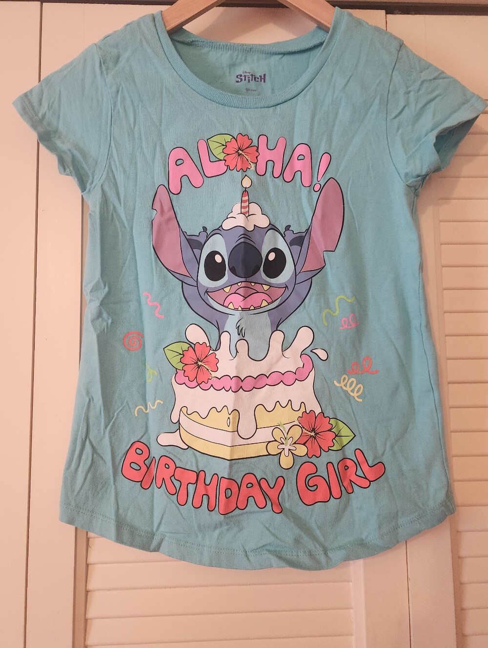Disney Aqua Stitch "Aloha! Birthday Girl" Tee with Pink Accents
